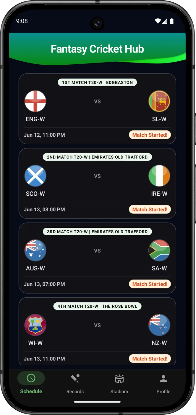 Fantasy Cricket Hub schedule: live T20 match cards with teams, venues, start times, and Match Started badges