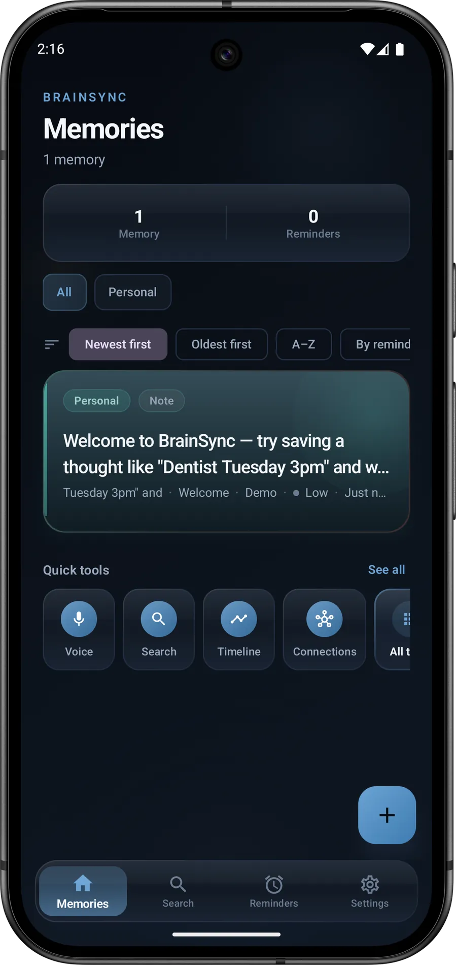 BrainSync Memories hub with tagged notes, voice and search shortcuts, and a button to add a new memory