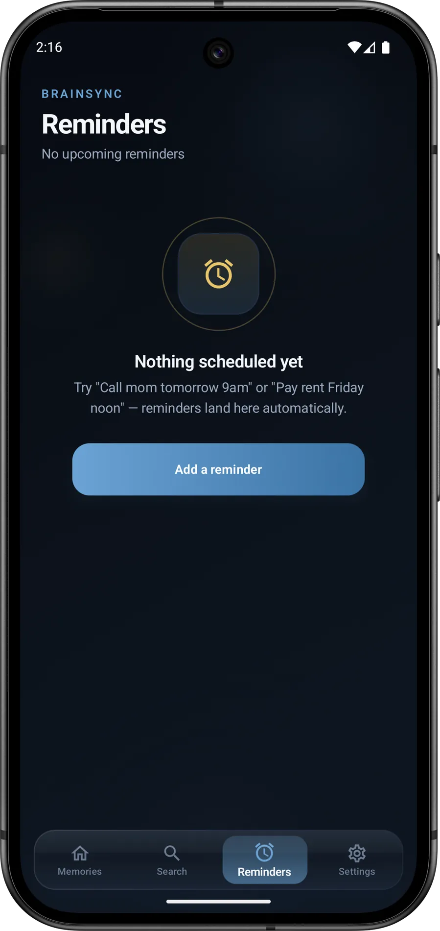 BrainSync Reminders empty state inviting phrases like Call mom tomorrow 9am, which become reminders automatically