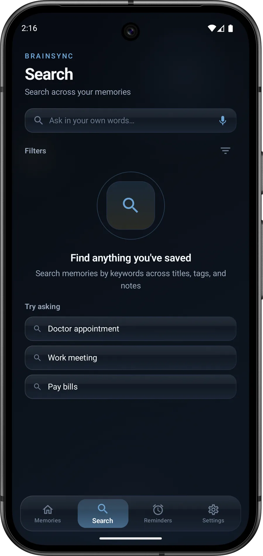 BrainSync Search with Ask in your own words, voice input, and suggested queries such as doctor appointment