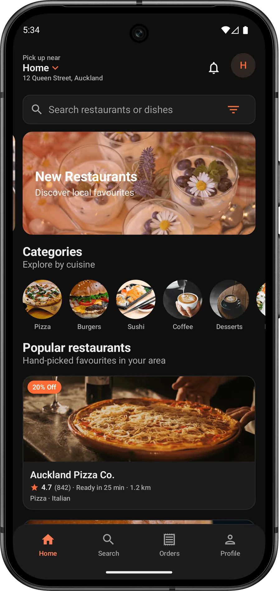 CraveNow home: pickup near Home on Queen Street Auckland, restaurant search, cuisine categories, and Auckland Pizza Co with a 20% off badge