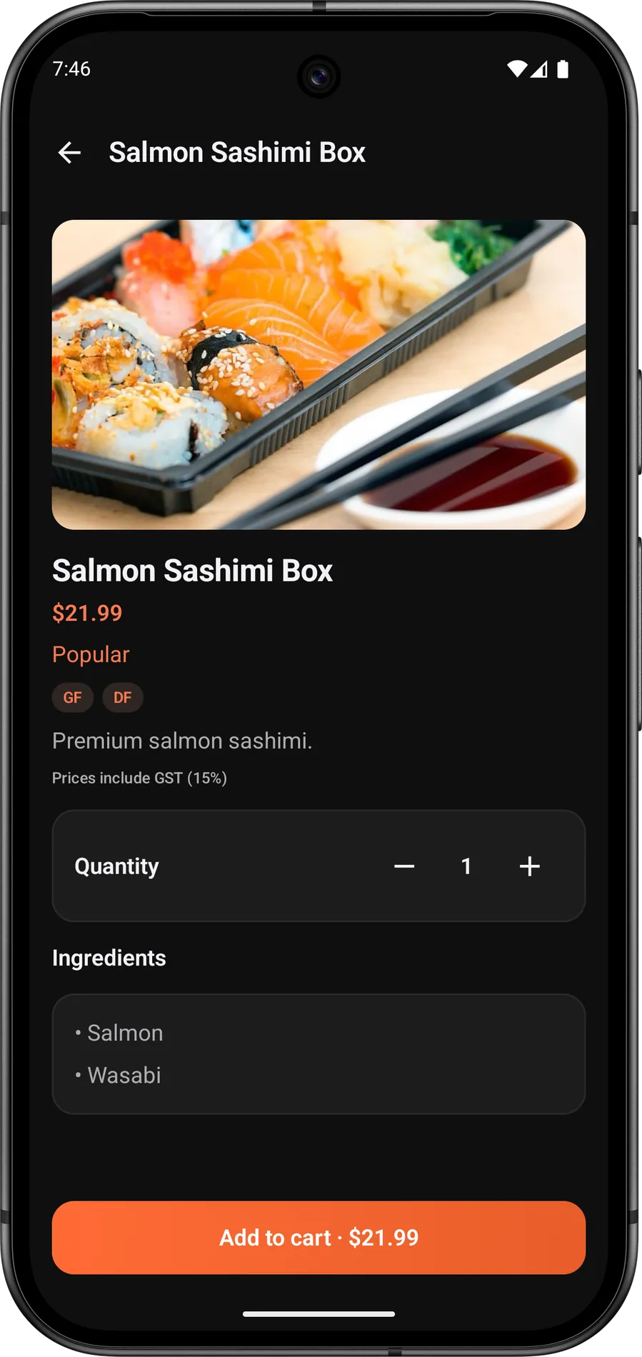 CraveNow Salmon Sashimi Box at $21.99 with GF and DF tags, quantity selector, ingredients, and Add to cart