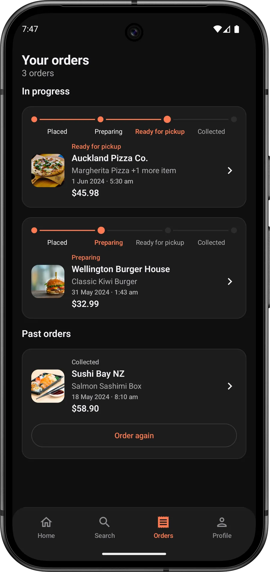 CraveNow Your orders with in-progress Auckland Pizza Co ready for pickup and Wellington Burger House preparing