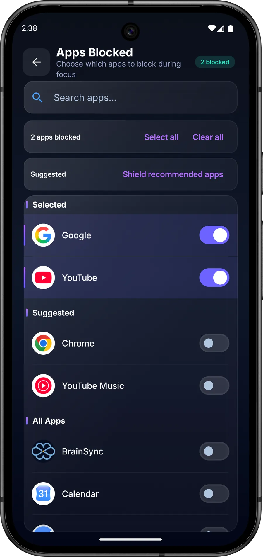 Apps Blocked list with Google and YouTube on, plus search and suggested apps to shield