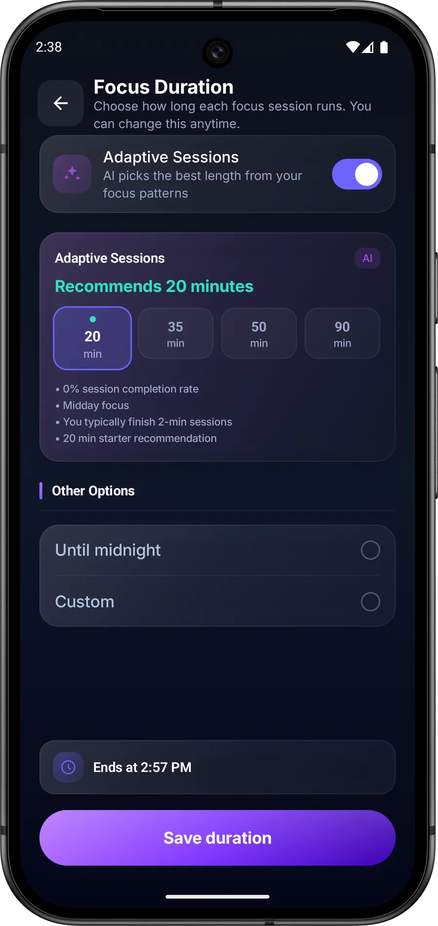 Focus duration with Adaptive Sessions on, recommending 20 minutes from the user’s focus patterns