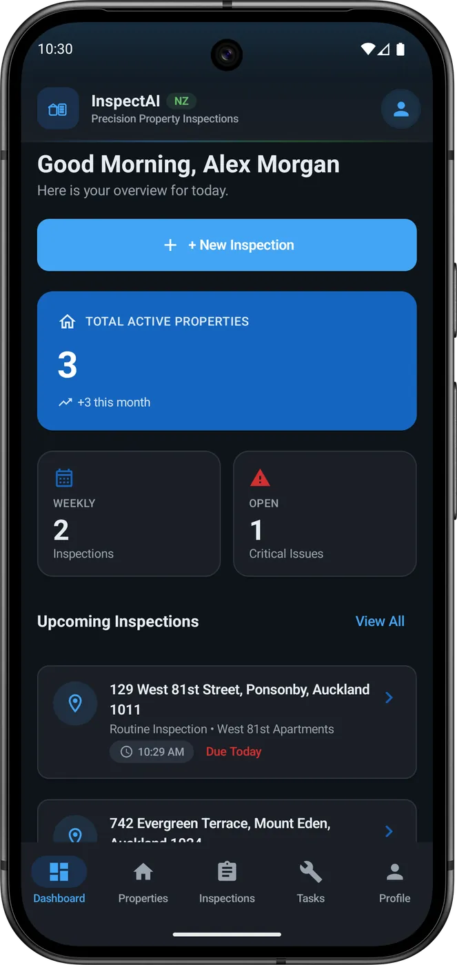 InspectAI dashboard: Good Morning Alex Morgan, New Inspection, three active properties, two weekly inspections, one critical issue, and a Ponsonby job due today