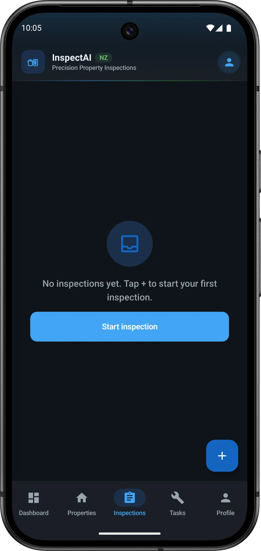 InspectAI Inspections tab with Start inspection and a plus button to begin the first job