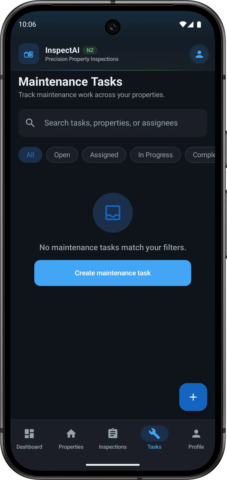 InspectAI Maintenance Tasks with search, Open and Assigned filters, and Create maintenance task