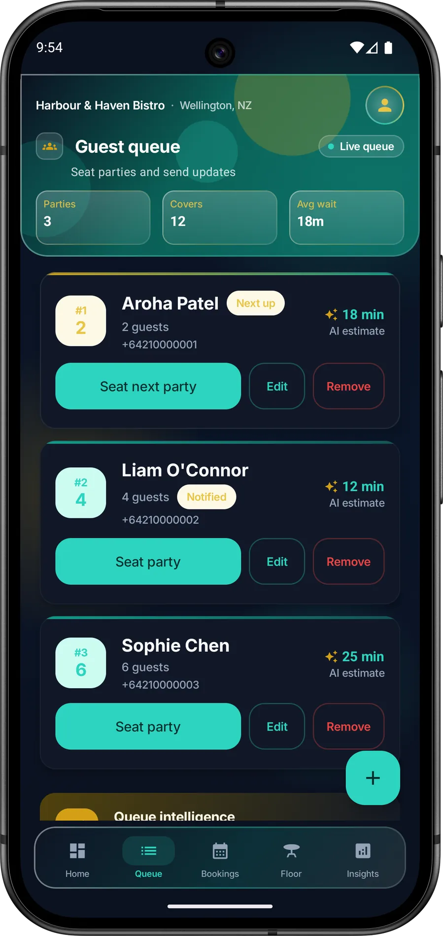 WaitlistAI guest queue with three parties, 12 covers, 18 minute average wait, and Seat party actions with AI estimates
