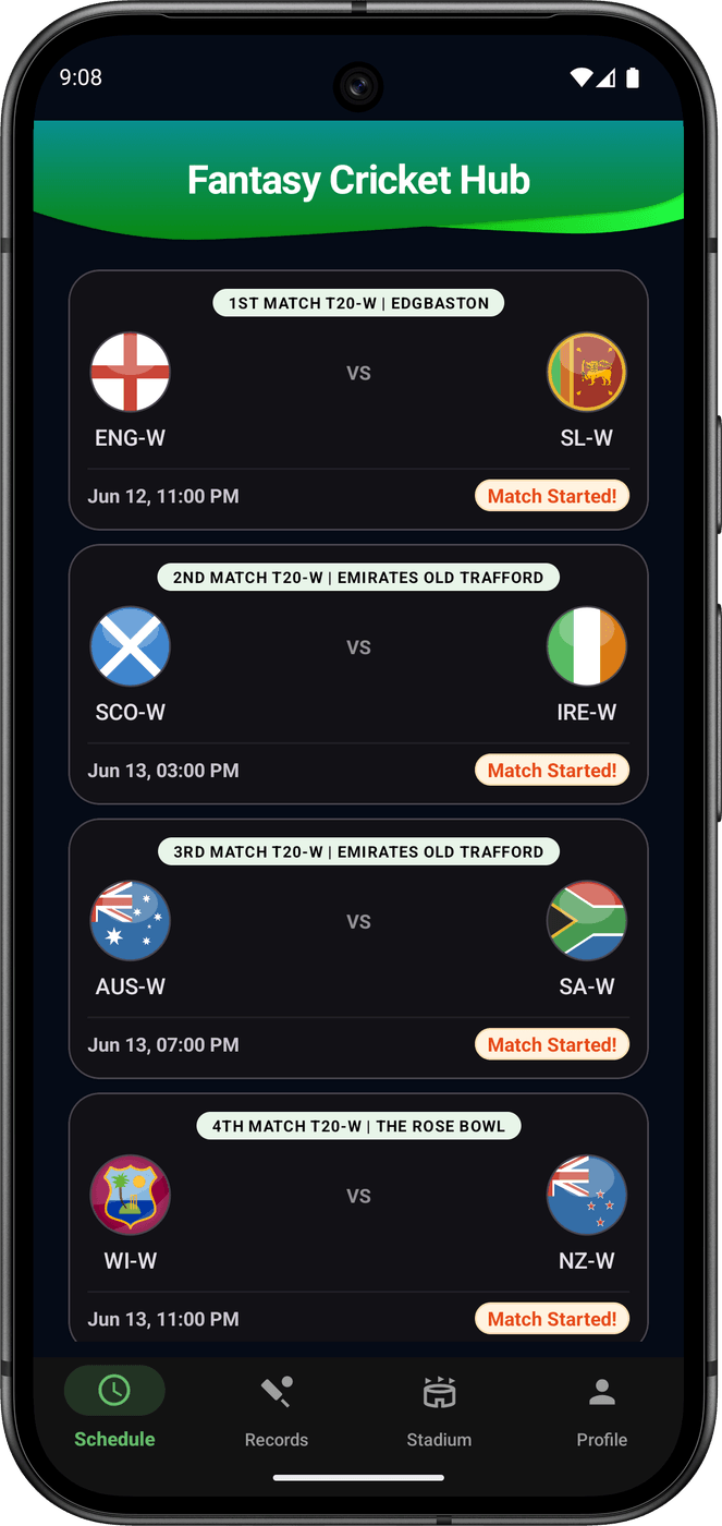 FCH Fantasy Cricket Hub home screen with live match listings