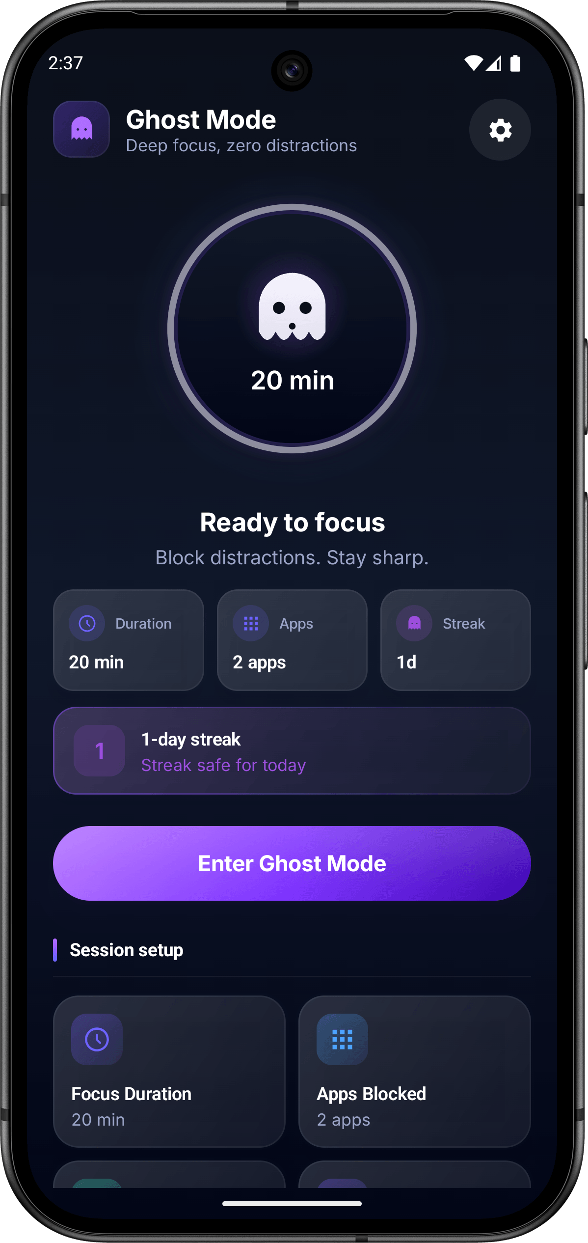 Ghost Mode home screen with enter focus session call to action